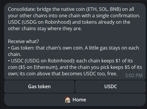 Consolidate all: receive as gas token or USDC