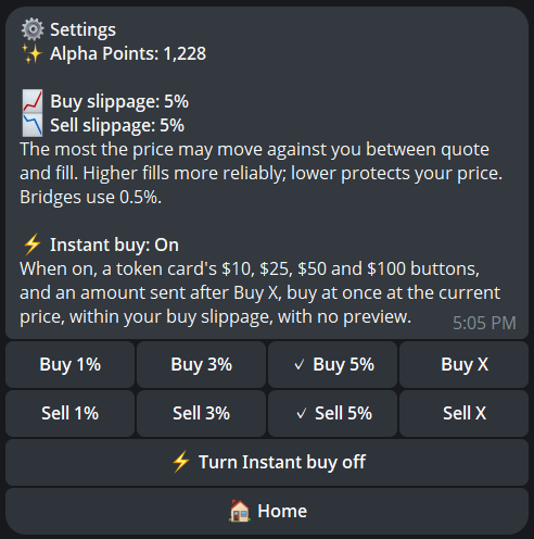 The /settings screen