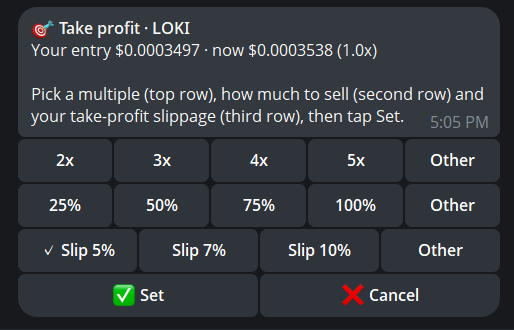 The take profit screen