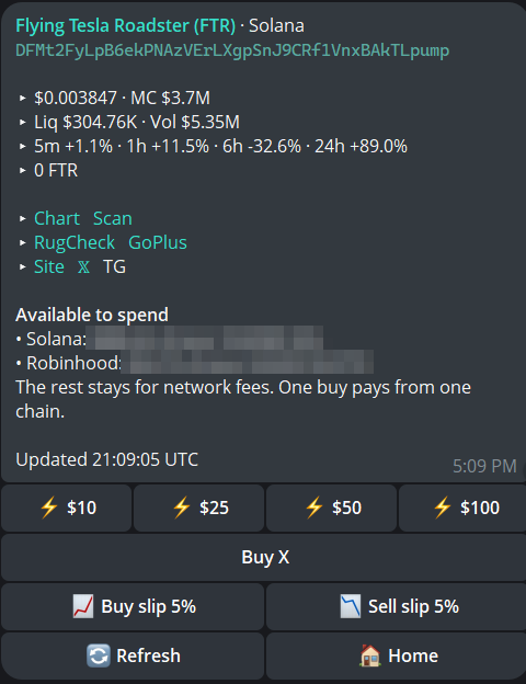 A token card with buy buttons
