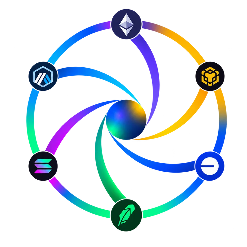 UNIDAS network symbol connecting Ethereum, Arbitrum, BNB Chain, Base, Solana and Robinhood Chain